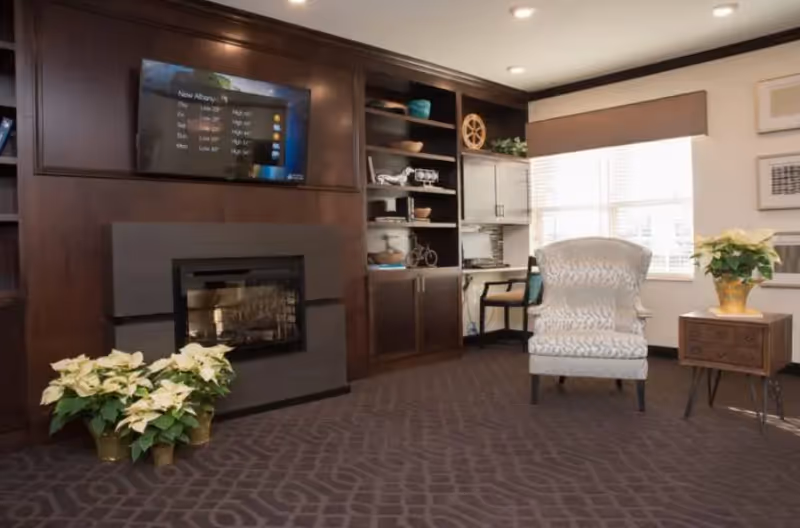Comfortable lounge area with an armchair, side table, fireplace set in dark built-in shelving, wall-mounted TV, and potted plants by a window.