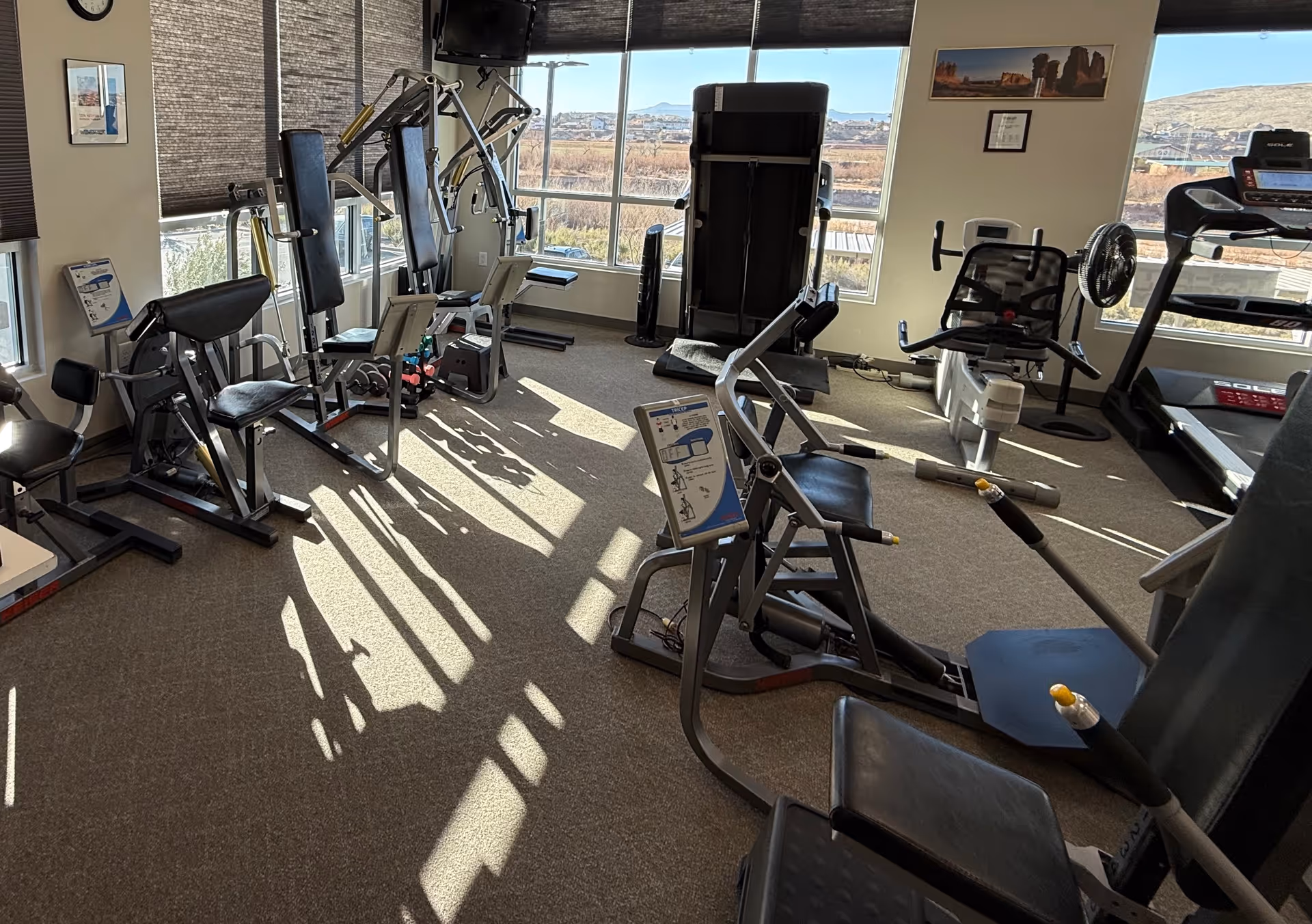Sunlit fitness center with treadmills, elliptical machines, bikes, and weight machines.