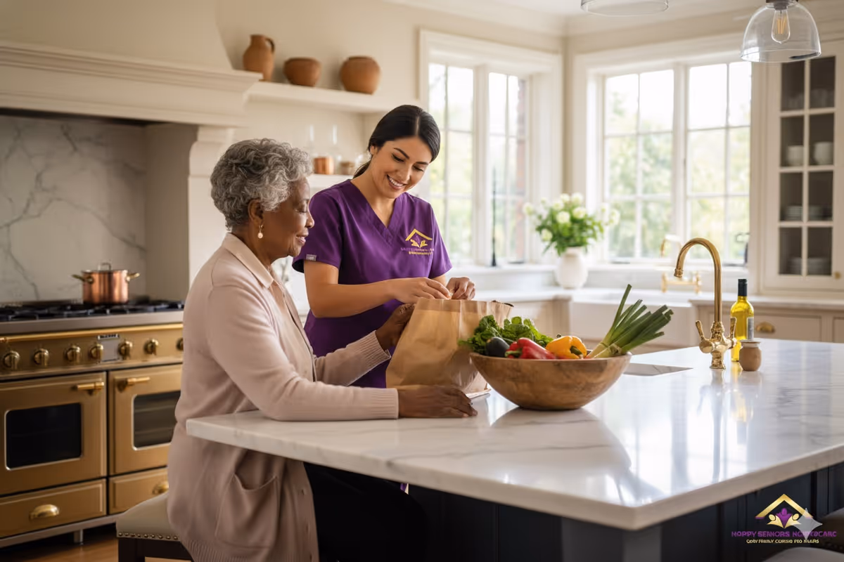 Two women in a bright kitchen pack groceries at a marble island, smiling.