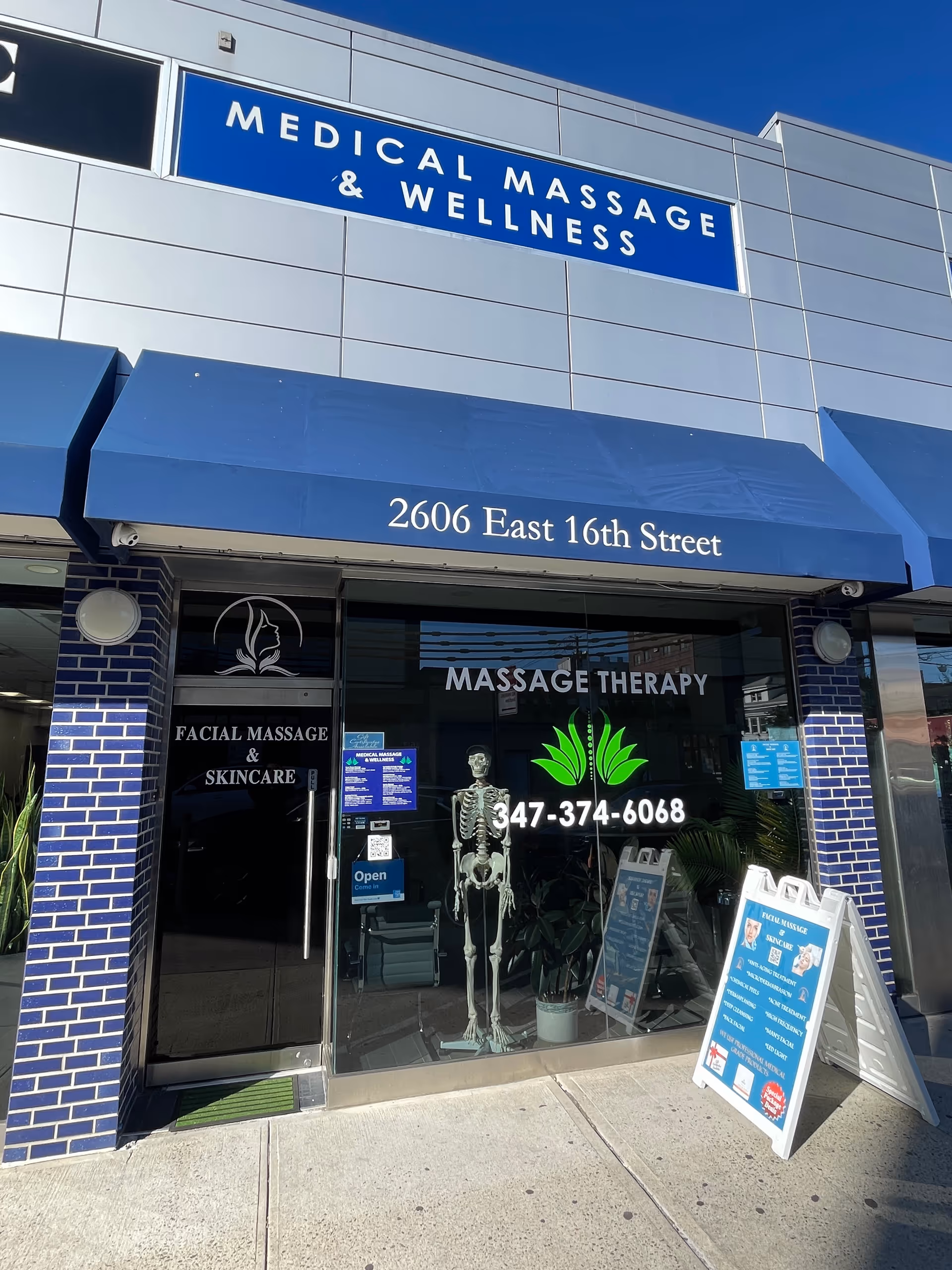 Front of a massage therapy storefront with blue signage and a skeleton display.