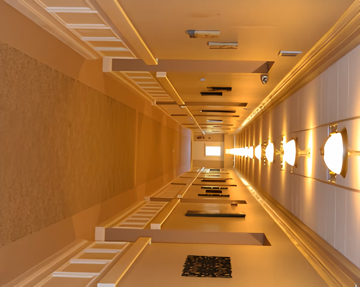 A long, well-lit hallway with beige walls and carpeted floor. The ceiling has multiple light fixtures evenly spaced along the length of the corridor. There are decorative wall panels and artwork on the walls.