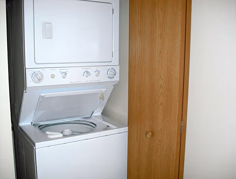 A stacked washer and dryer in a small utility alcove beside a wooden door.