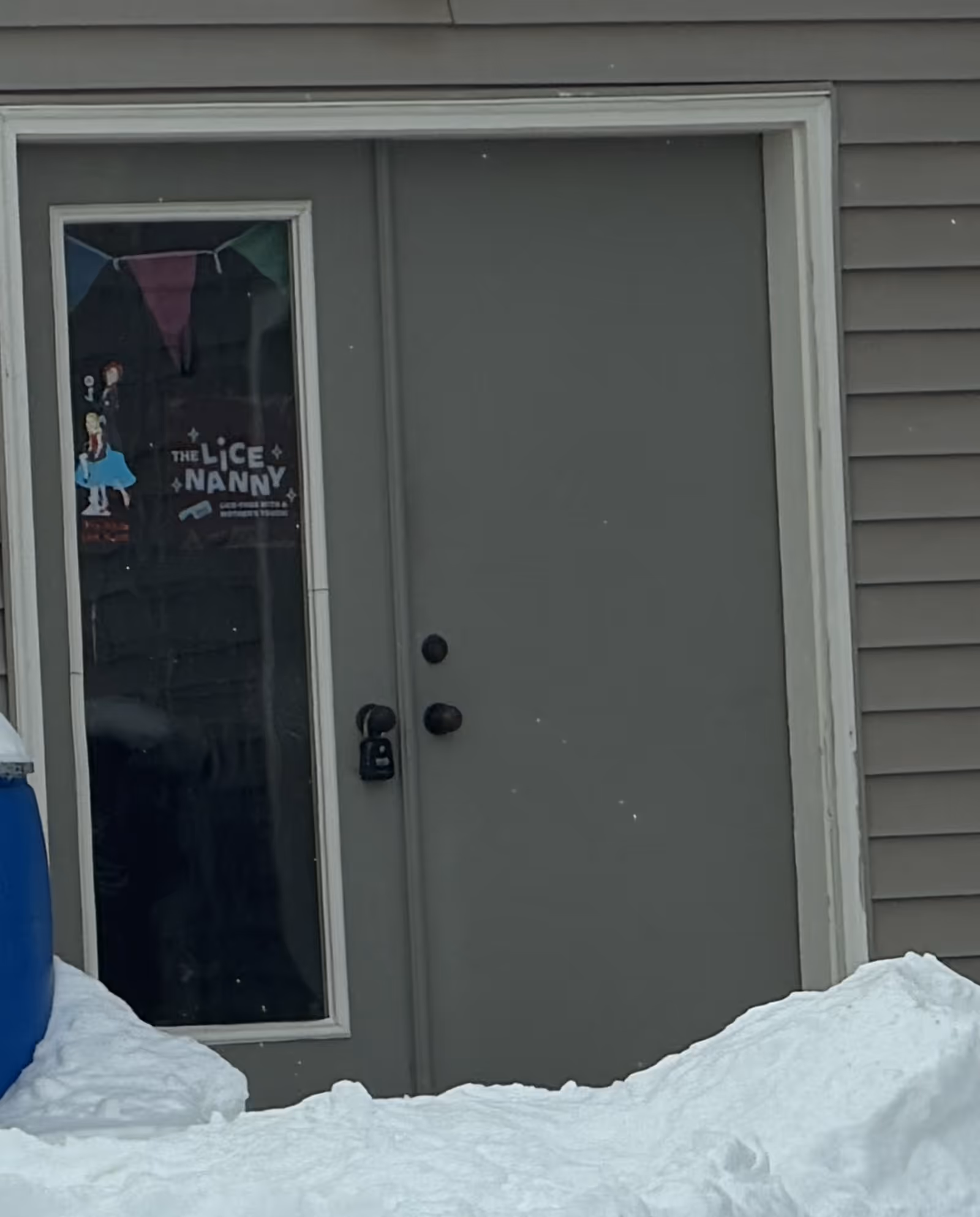 Exterior door beside a window with a poster reading 'The Lice Nanny' on glass.
