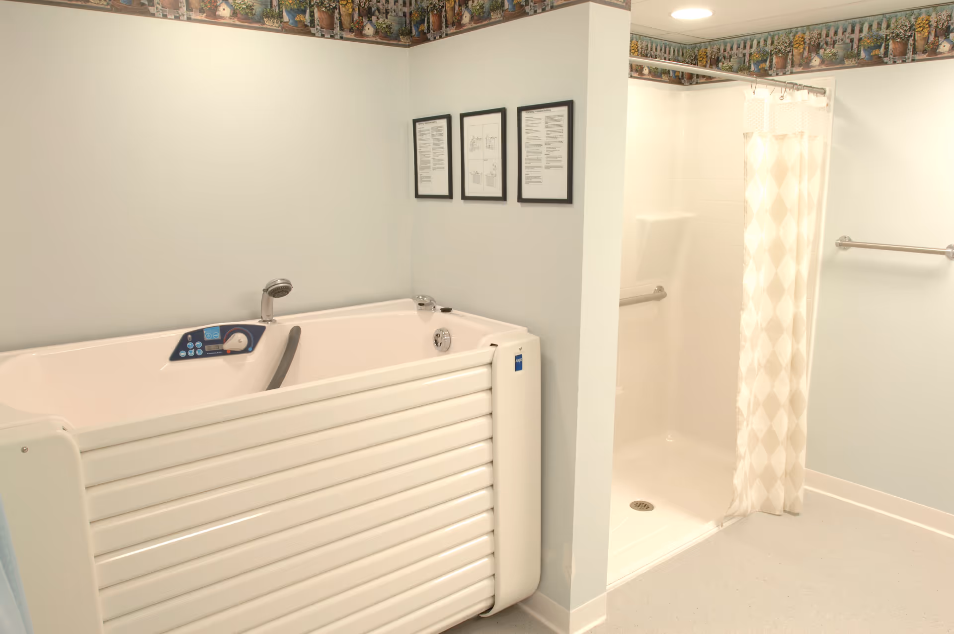 A bathroom with a walk-in bathtub equipped with handrails and a handheld showerhead. Next to the bathtub is a walk-in shower with a curtain and a grab bar on the wall. The walls are light-colored with a decorative border near the ceiling, and three framed documents are hung on the wall above the bathtub.