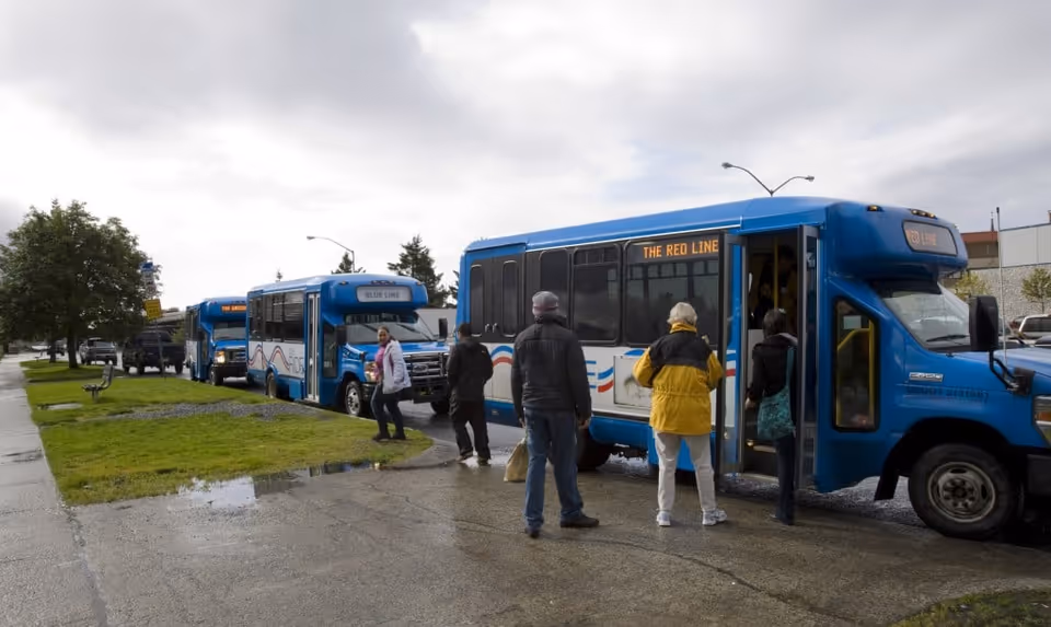 Several blue buses lined up outdoors with people boarding at a bus stop.