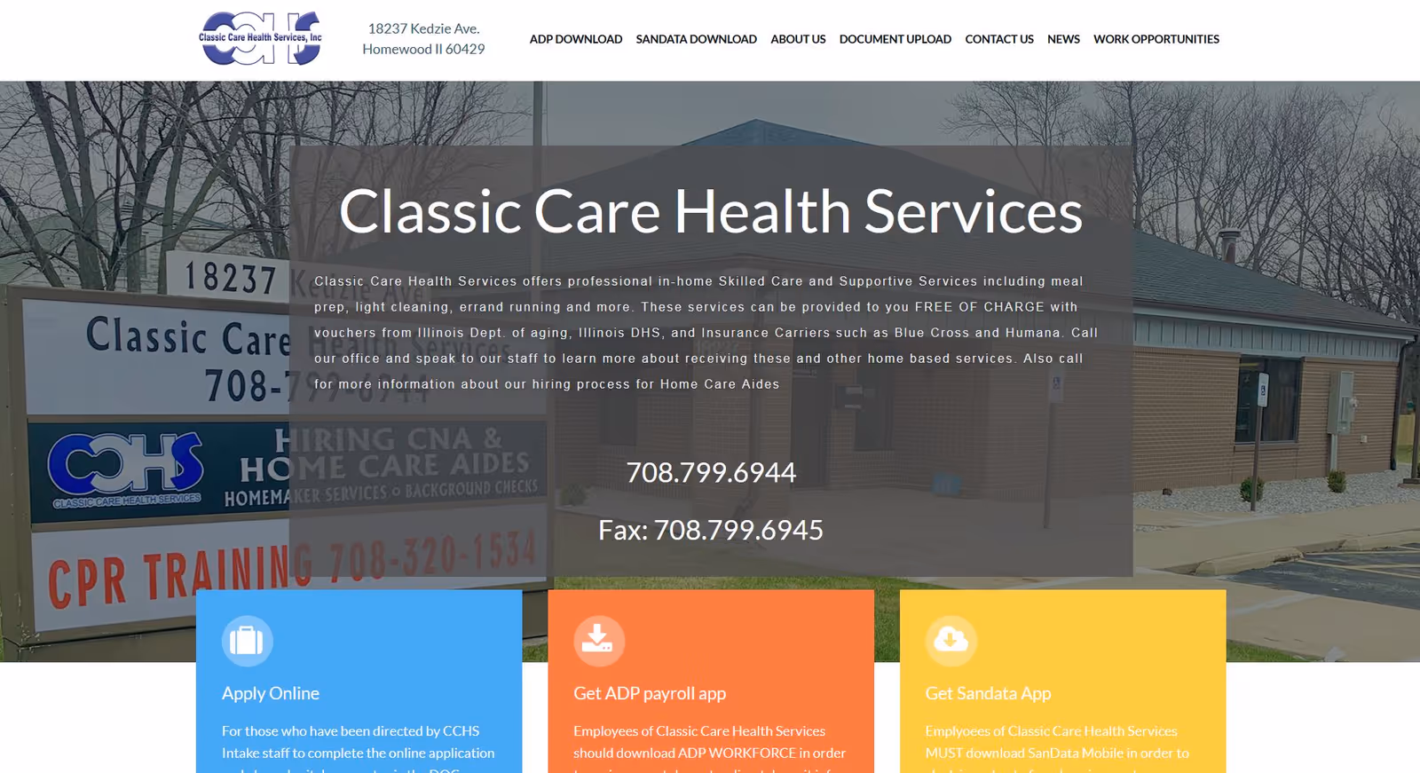 Exterior view of Classic Care Health Services building with signs and translucent overlay.