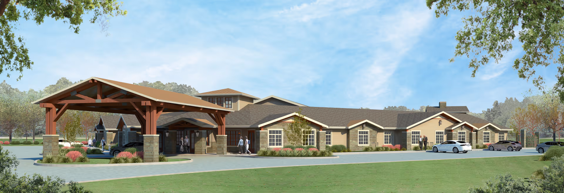 Front exterior view of Brookstone Terrace of Simpsonville, a senior living facility with a covered entrance.