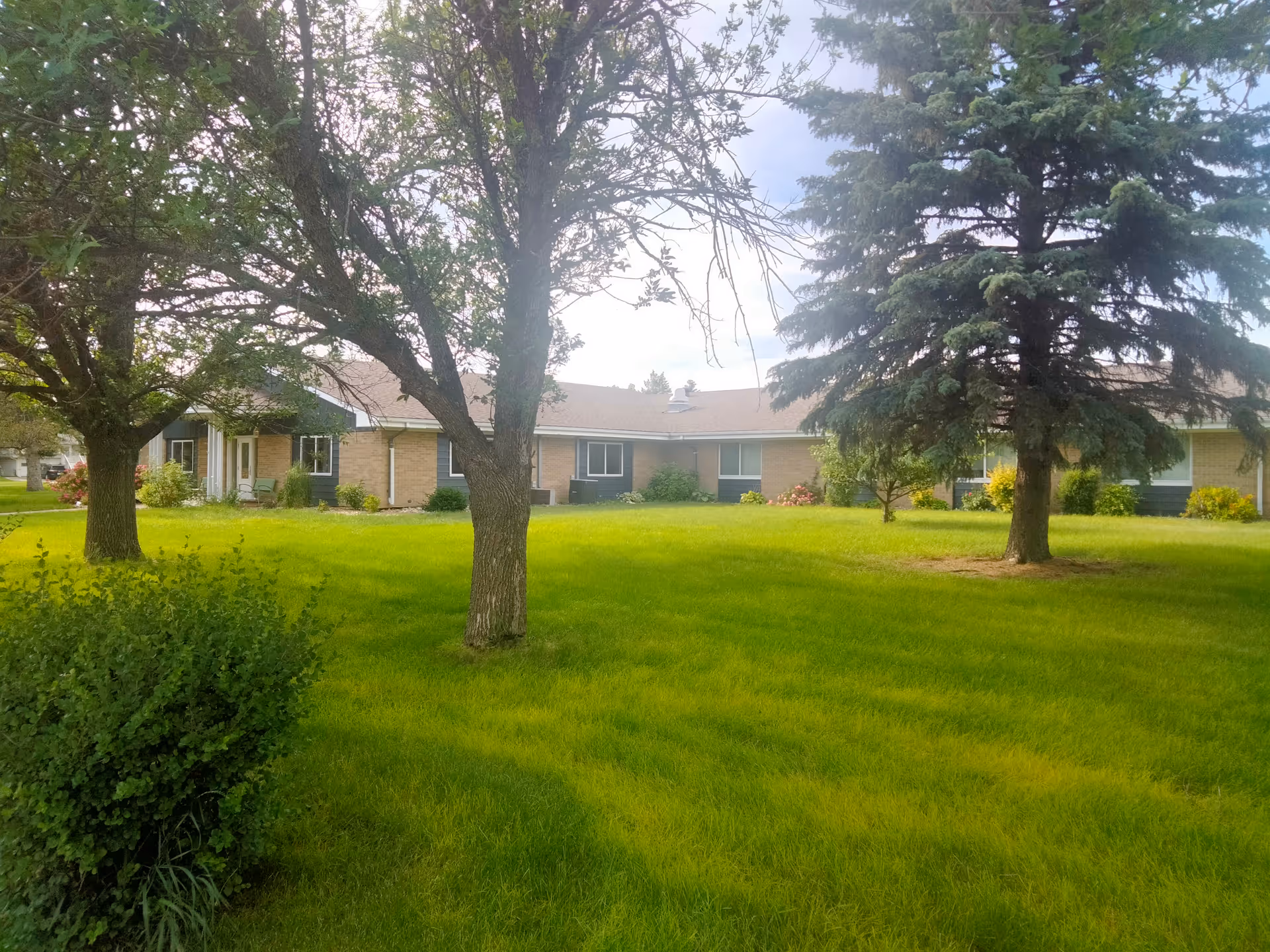 Single-story brick senior living building with green lawn and trees in front