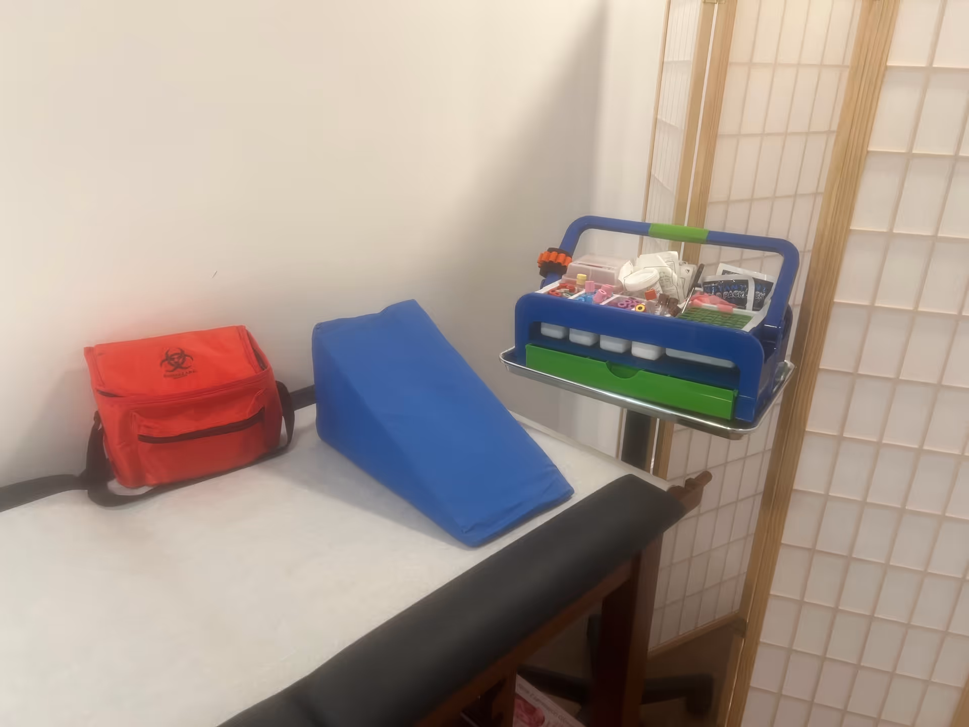 Examination table with a blue wedge pillow, red biohazard bag, and medical supply cart.