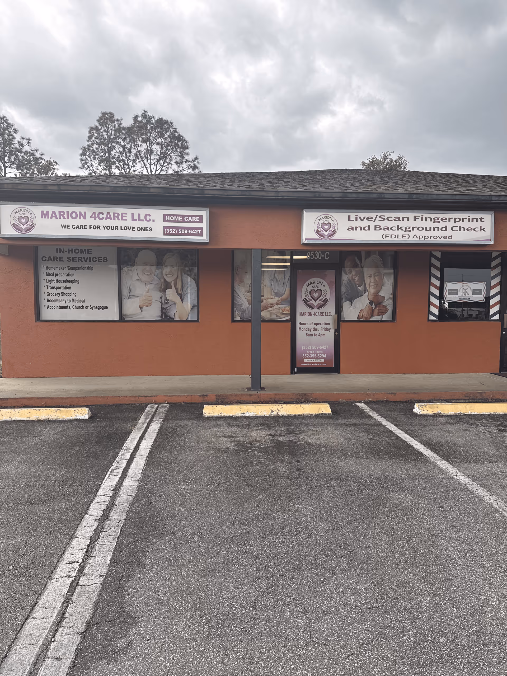 Exterior storefront shows Marion 4Care LLC with signage and a small parking area in front.