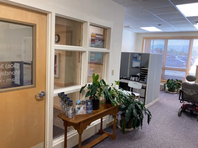Interior hospice lobby with a wooden console table, brochures, and large potted plants.