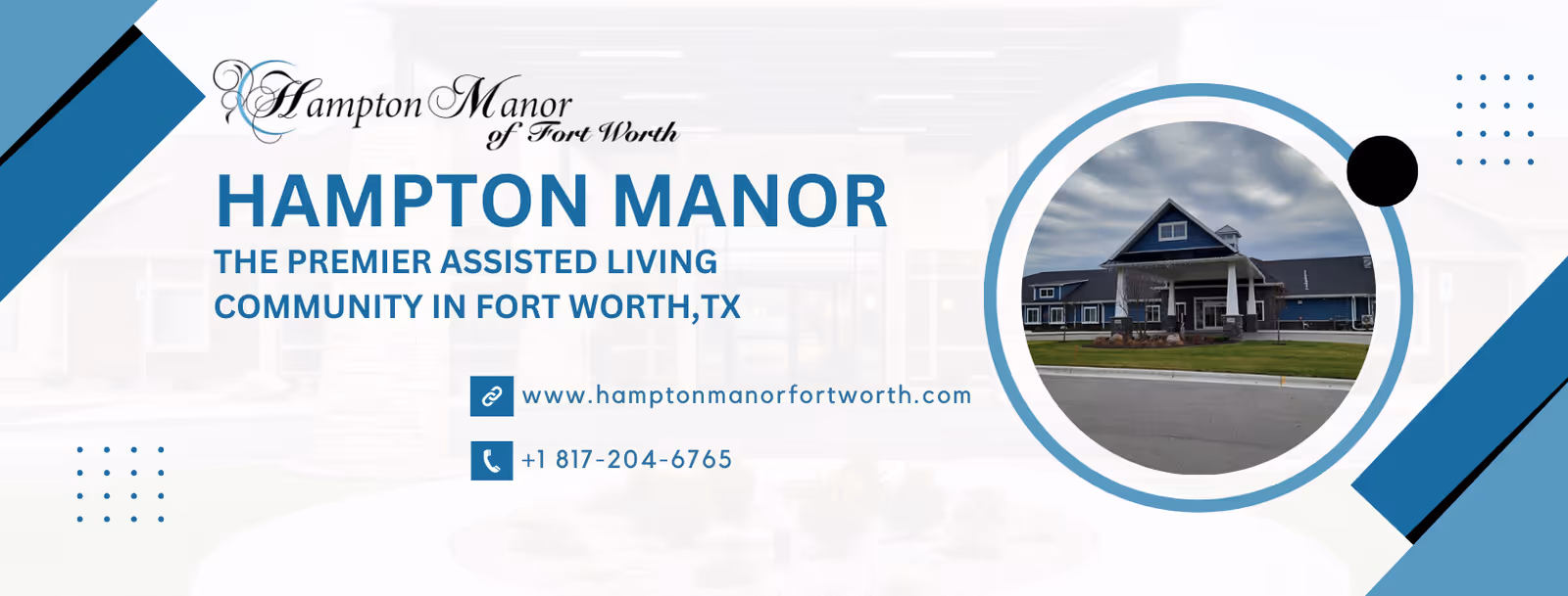 A promotional banner for Hampton Manor Fort Worth featuring the building exterior in a circular frame.