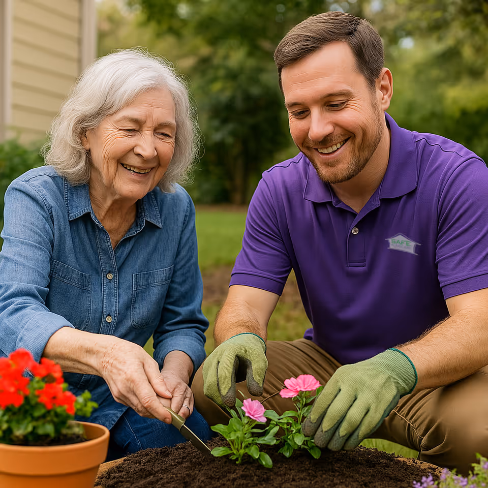 Elderly woman and staff member gardening outdoors, planting flowers together.