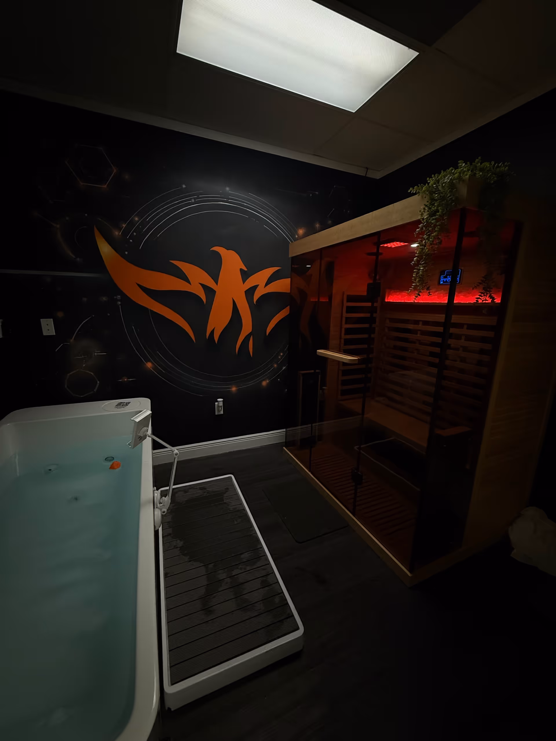 Dimly lit wellness room with an orange phoenix mural, bathtub, and wooden sauna.