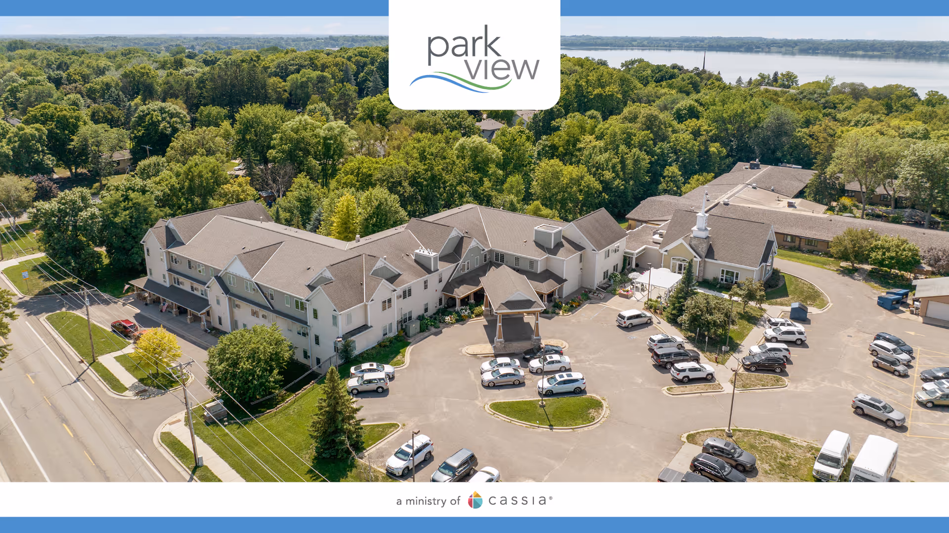 Aerial view of Park Terrace Assisted Living campus with parking lots.