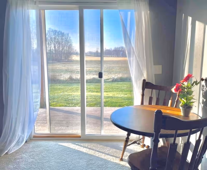 Bright dining area with round table, chairs, potted plant, and sliding glass door view.
