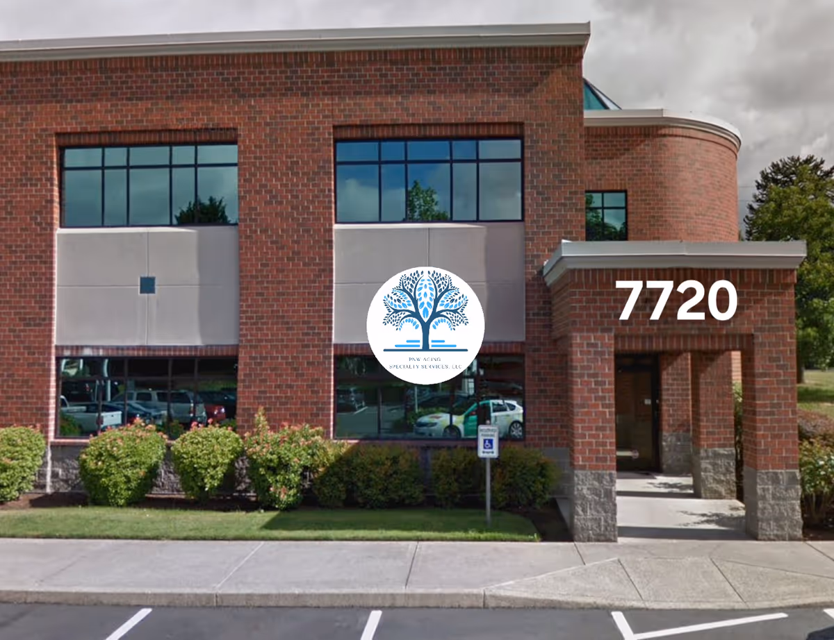 Brick-front senior living facility with large windows and a visible entrance.