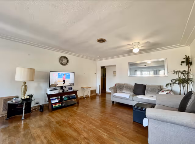 Living room with sofa, TV stand, lamp, and plants in a homey space.