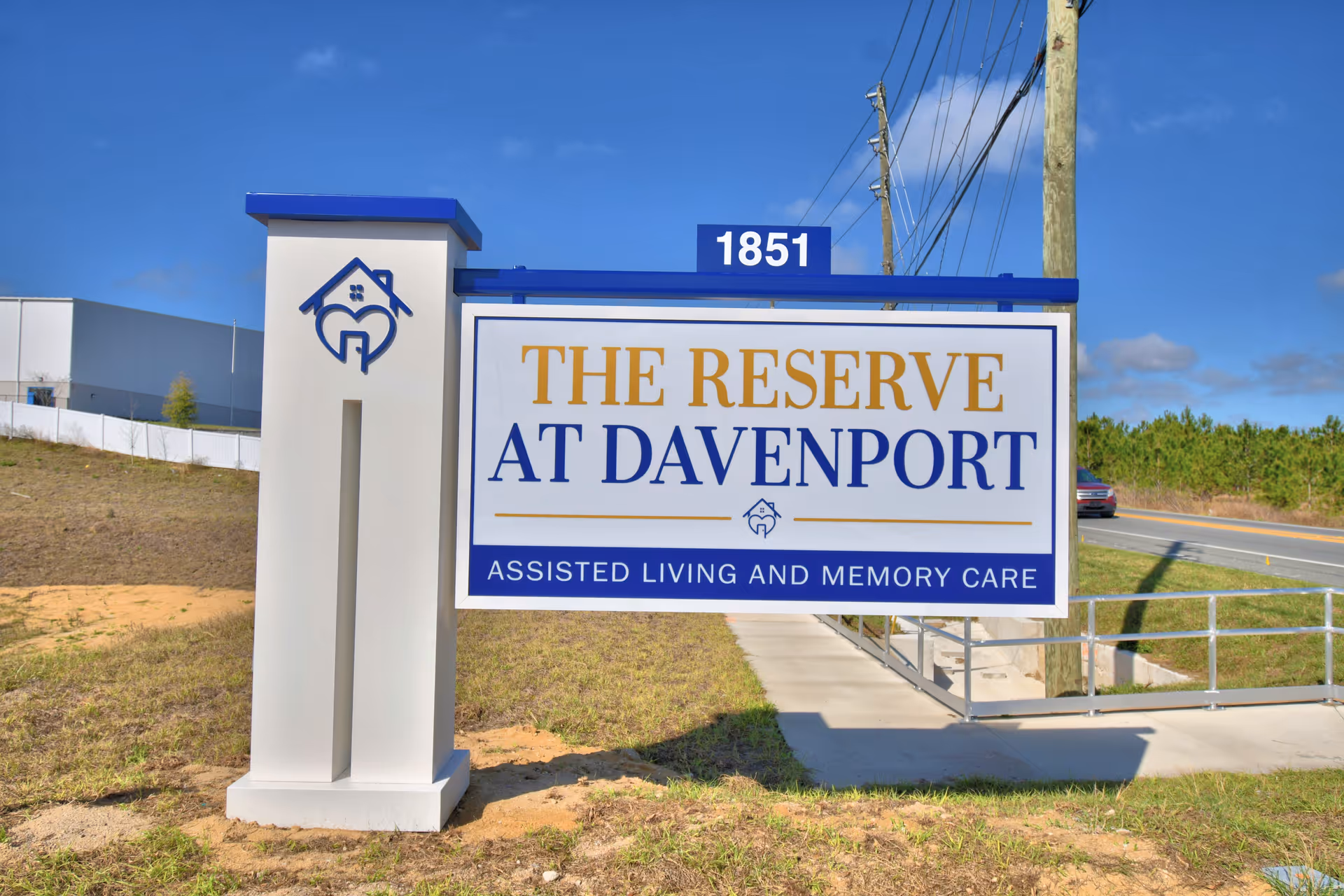Exterior sign for The Reserve at Davenport, an assisted living and memory care facility.