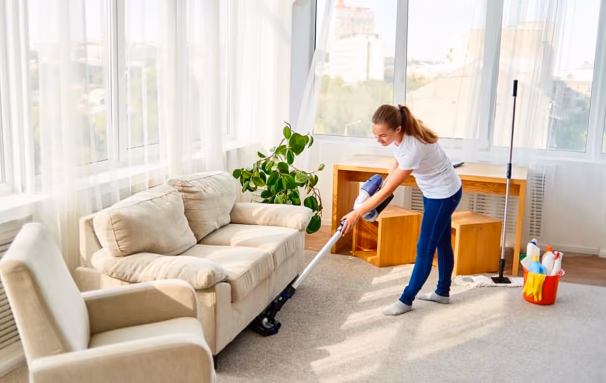 Caregiver vacuums a sunlit living room with beige sofa and large windows.