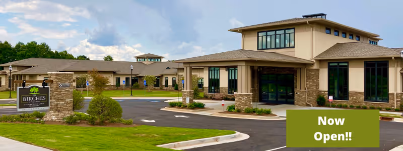 Exterior view of The Birches at Villa Rica senior living facility showing a modern building with large windows, a covered entrance, landscaped greenery, and a parking area with handicap spaces. A sign in front reads 'Birches at Villa Rica' and a green banner on the image says 'Now Open!!'.