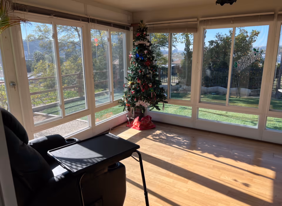 Sunlit interior room with large windows, Christmas tree, and a chair with a tray.