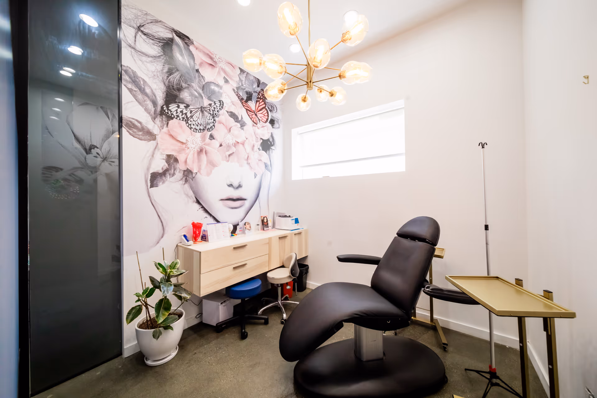 Bright room with a treatment chair, floral mural, modern furniture, and a potted plant.