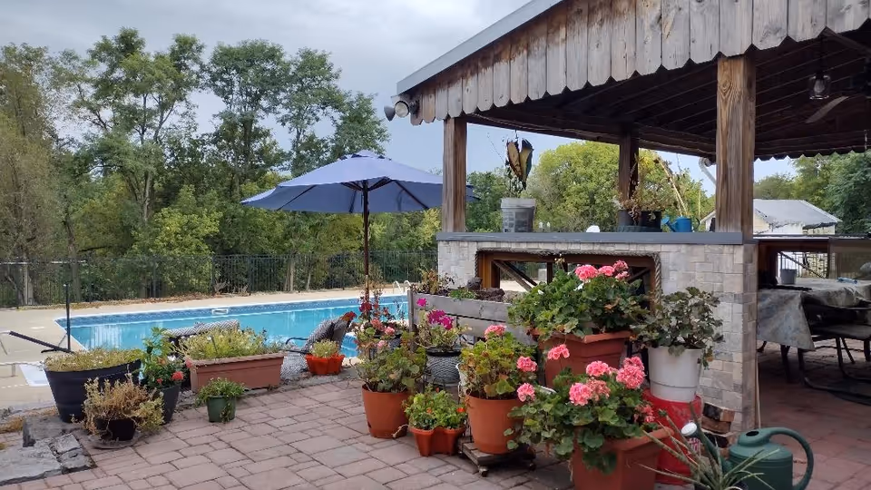 Outdoor pool area with potted plants and a covered patio at Evergreen Homestead.