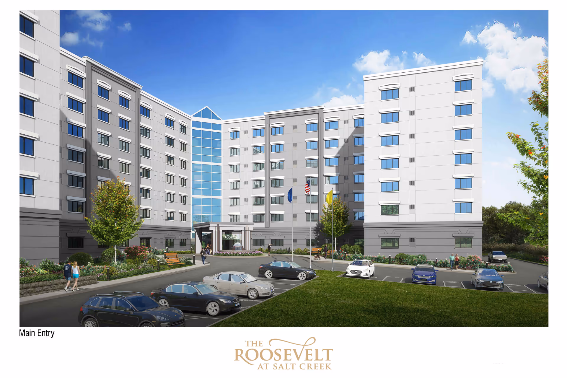 Exterior view of The Roosevelt at Salt Creek building with a glass entry and parking.