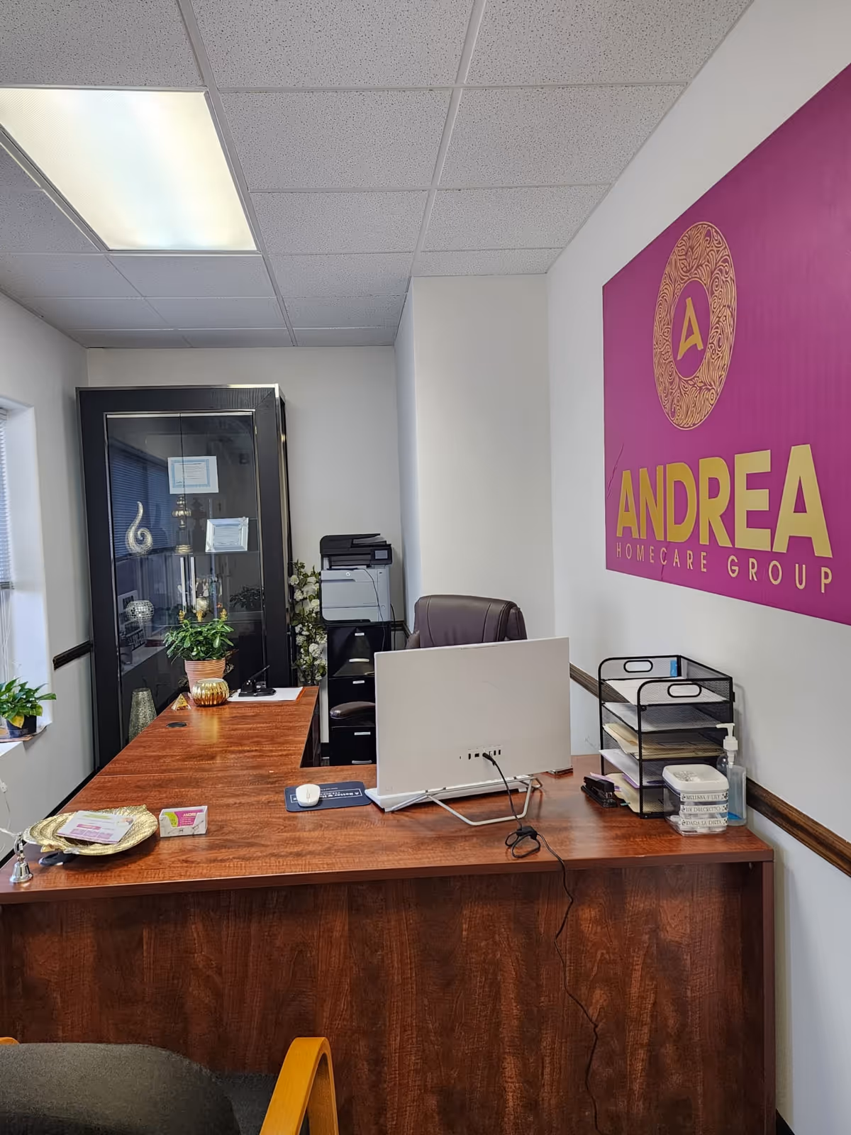 Reception desk with computer, printer, plants, and a purple Andrea Homecare Group sign.