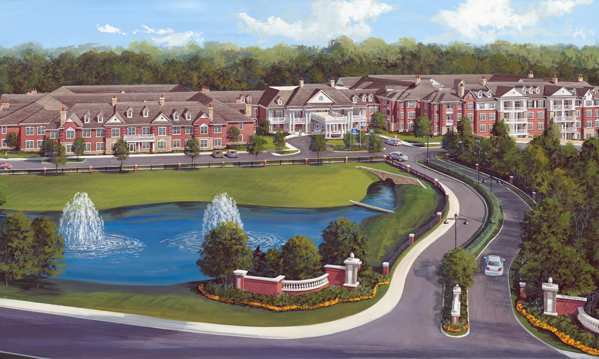 Painted rendering of a large brick senior living complex with a pond and fountains, landscaped grounds and a curved entrance drive.