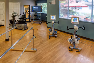 Exercise/fitness room with stationary bikes, cardio machines, parallel walking bars and a TV by a large window.