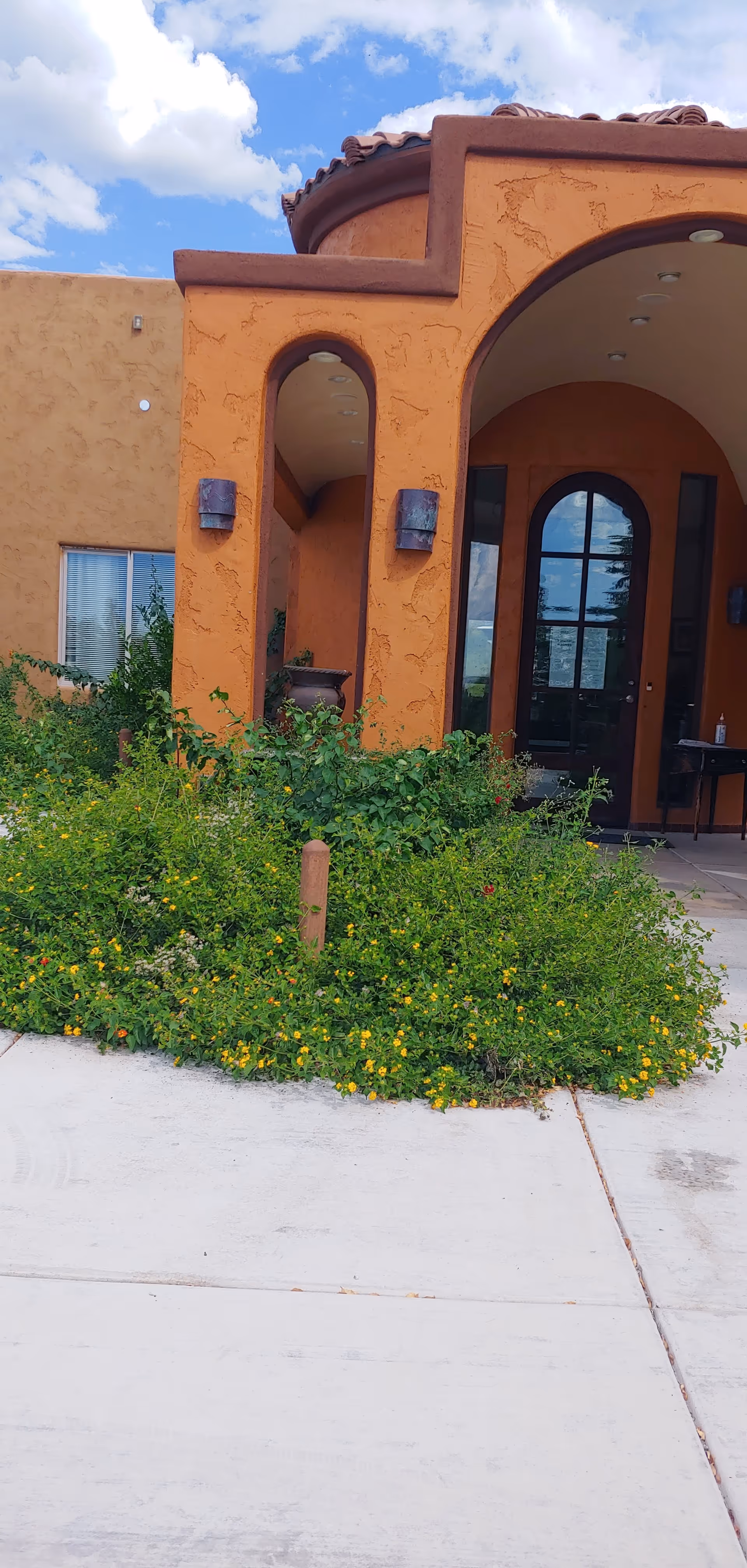 Exterior view of a building with an orange stucco facade and arched entryway. There is a garden with green plants and small yellow flowers in front of the entrance. The sky is partly cloudy.