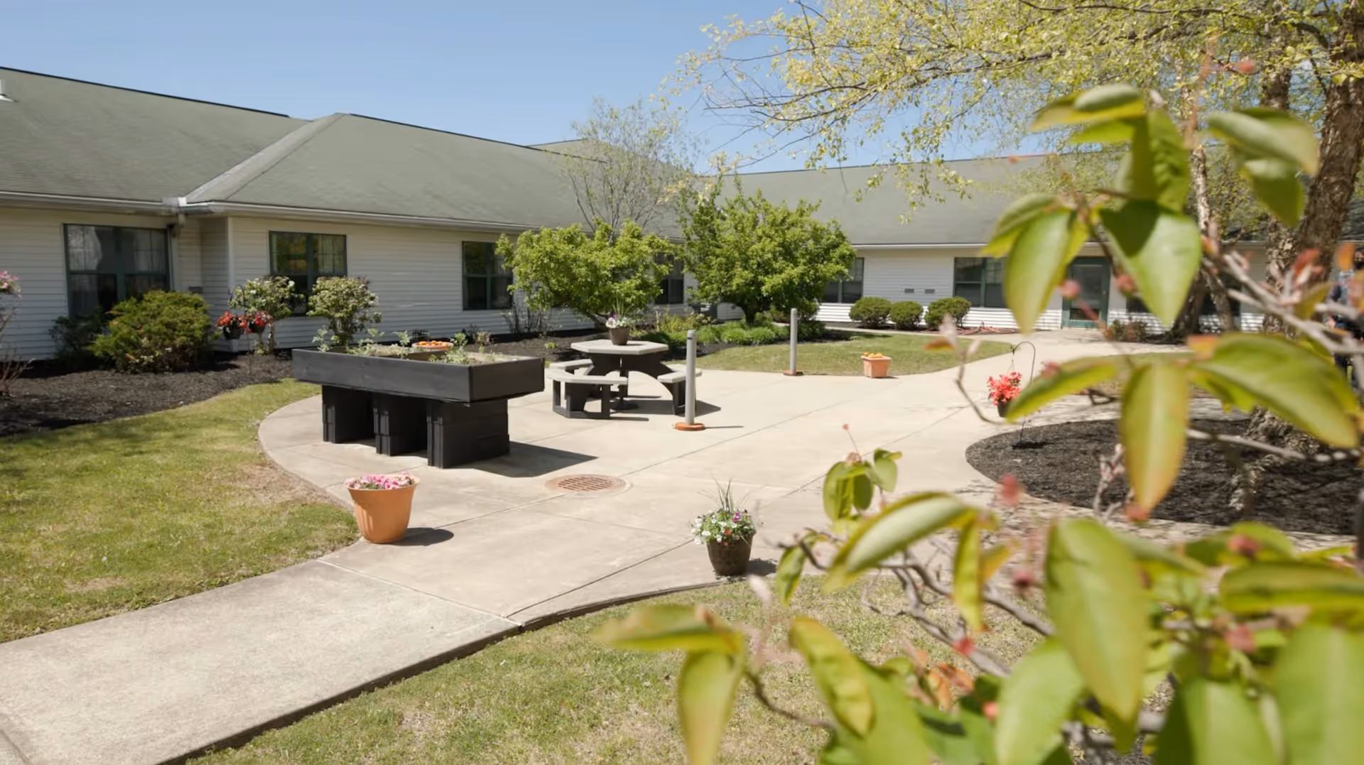 Sunny outdoor courtyard with curved walkway, potted plants, and a circular seating table near a building.