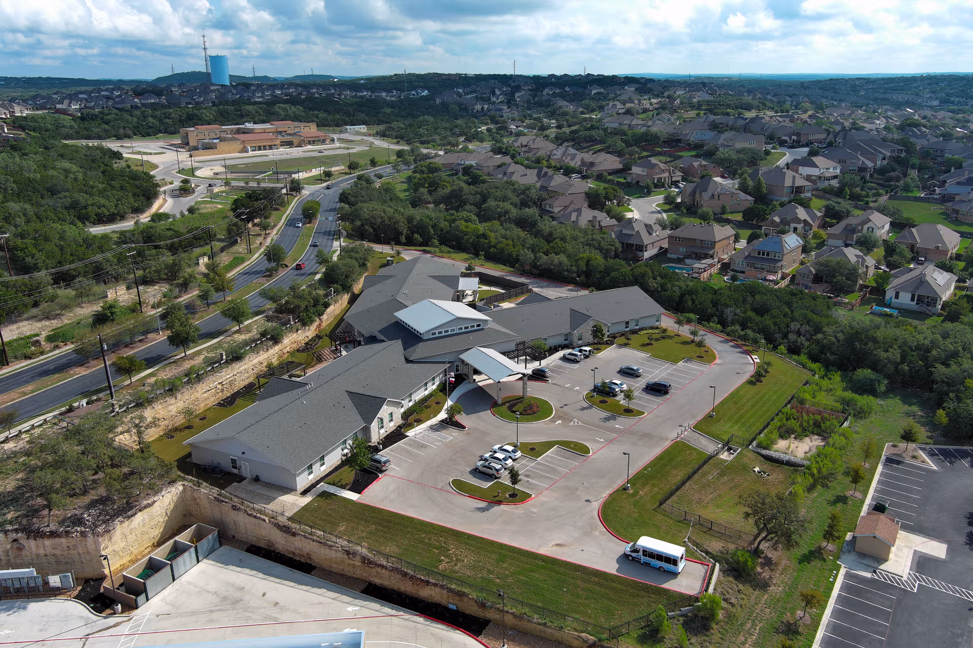 Aerial view of Sodalis at Stone Oak campus showing parking lots and surrounding homes