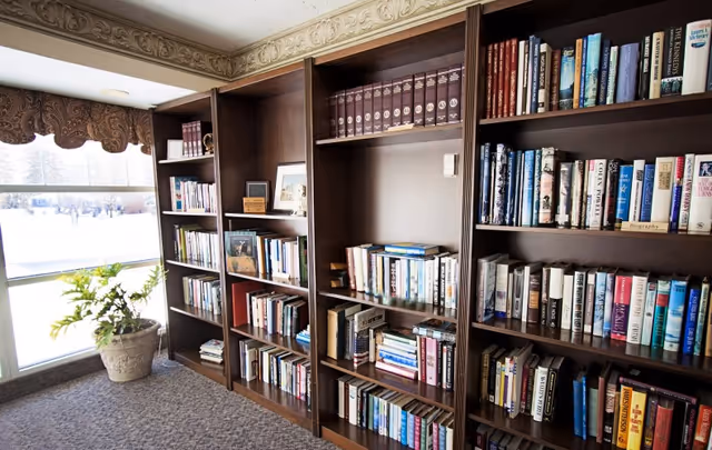 A bright reading area with tall wooden bookshelves filled with books and a potted plant beside a large window.