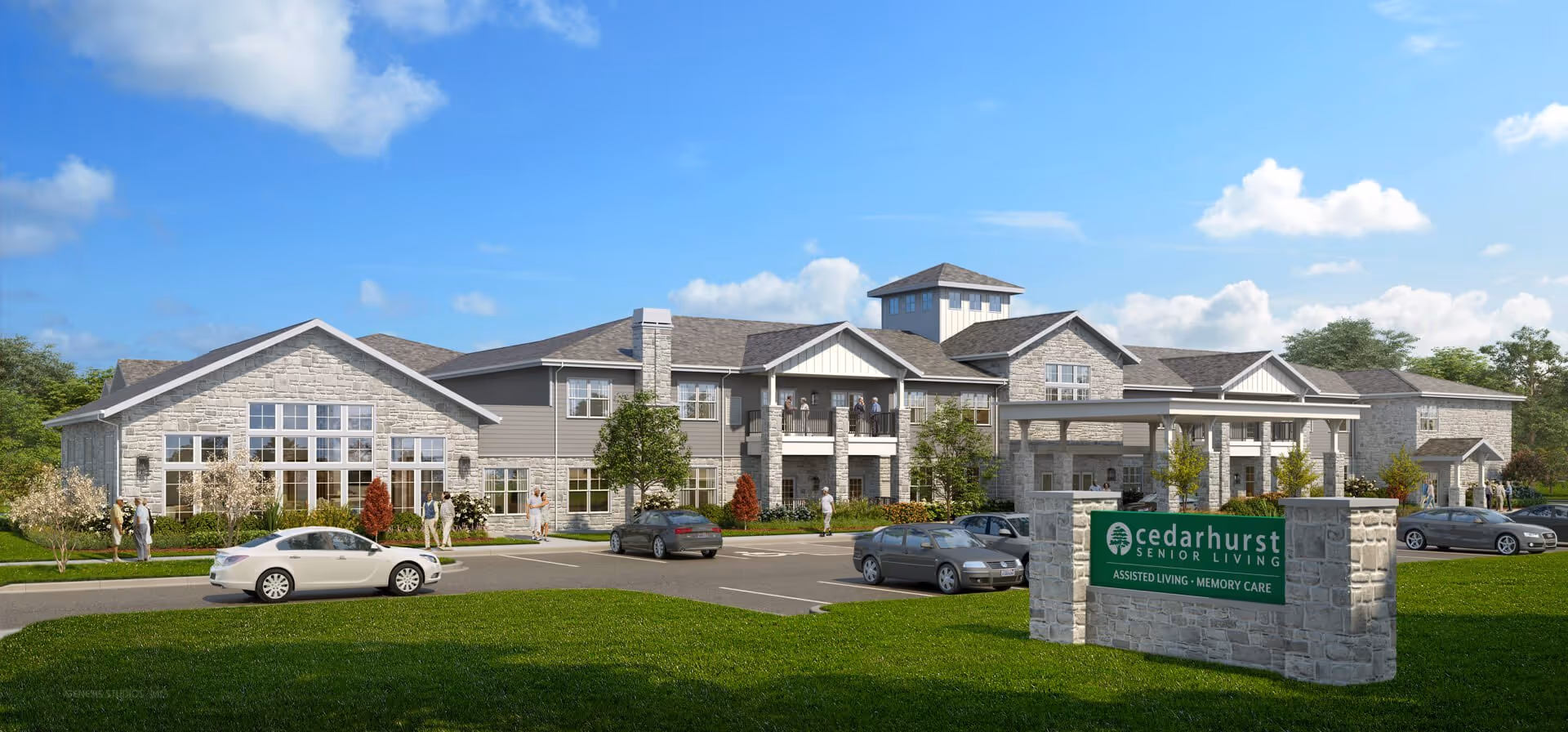 Exterior view of Cedarhurst Senior Living of Crown Point with entrance, parking, and landscaping.