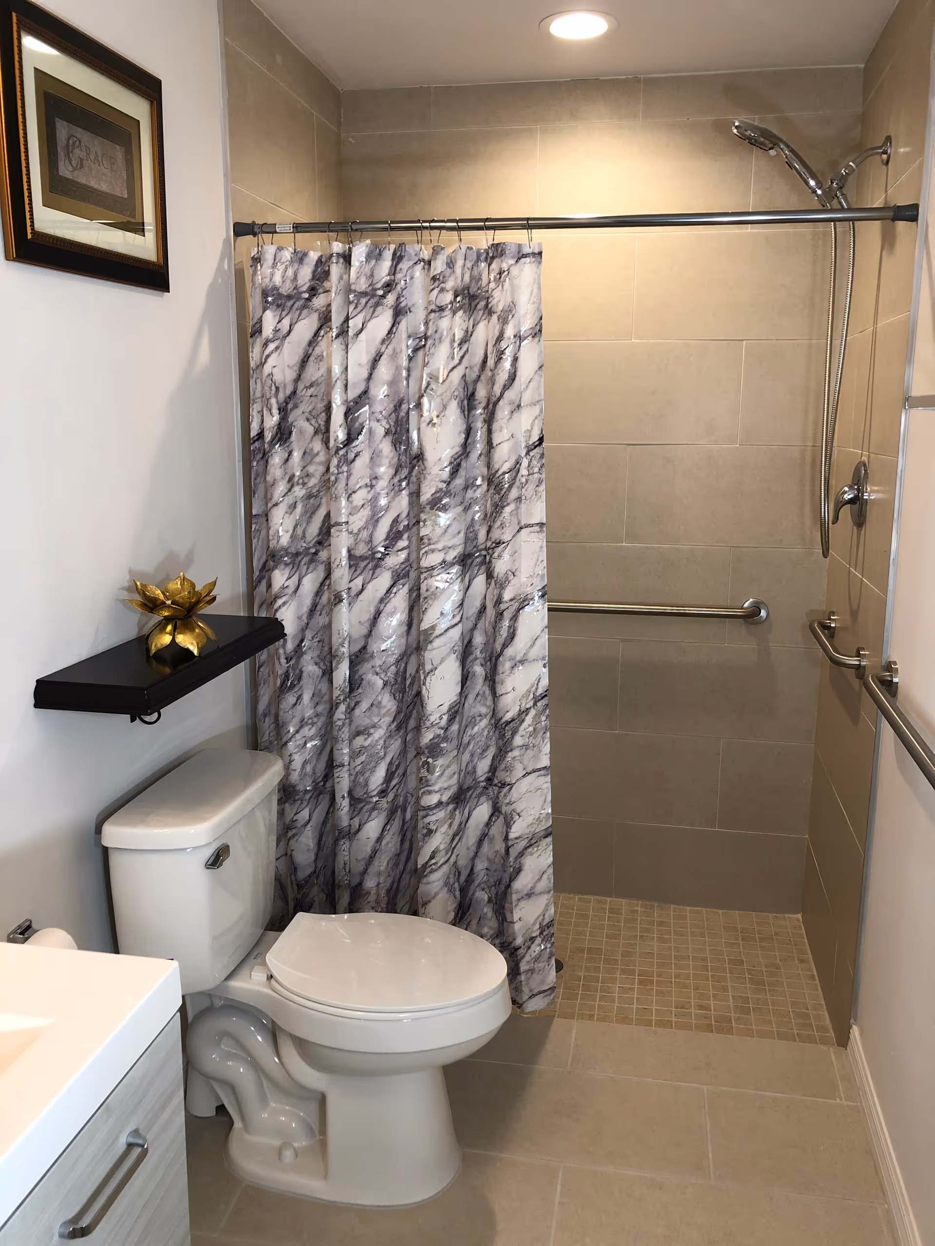 Bathroom with toilet, sink, marble-pattern shower curtain, and grab bars.