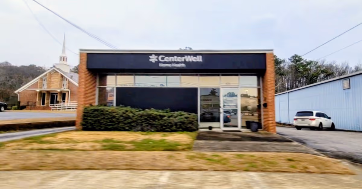 CenterWell Home Health storefront exterior with black sign and glass doors.