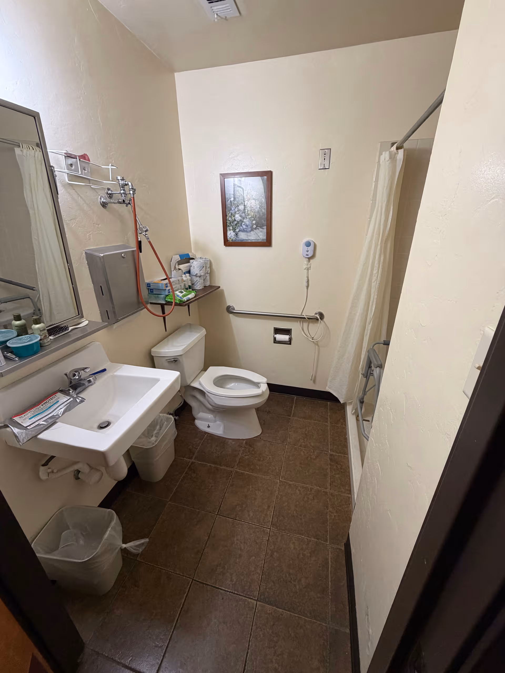 Accessible bathroom in Haven Health Prescott Assisted Living with sink, toilet, grab bars, and shower curtain.