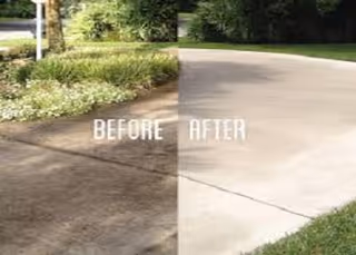 Split outdoor driveway with before and after text and landscaped shrubs.