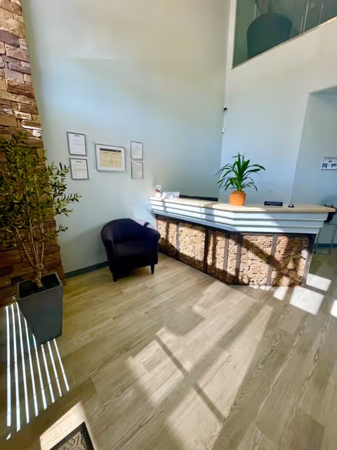 Reception desk with plant, wall certificates, and a small black chair in a modern lobby.