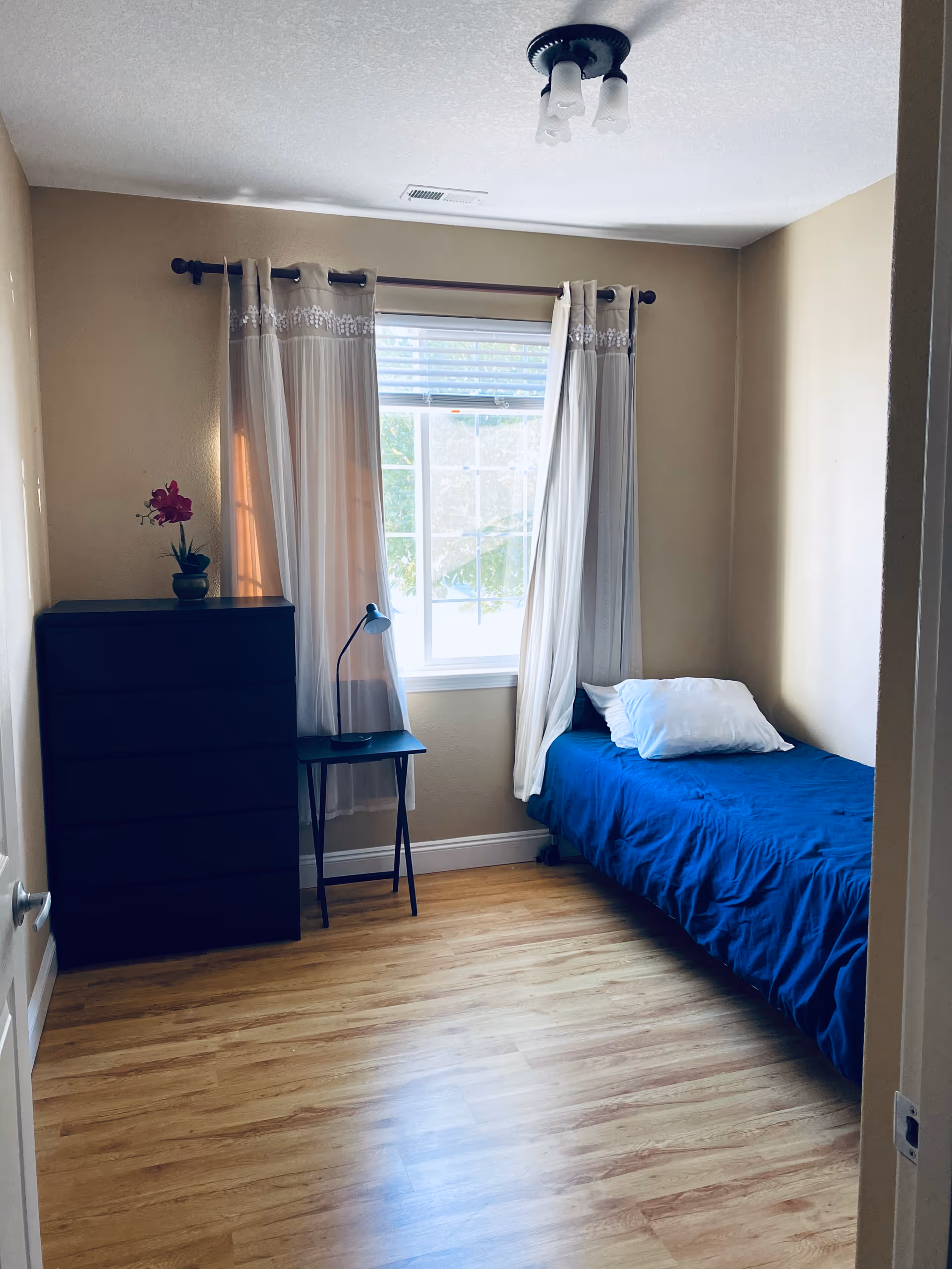 Compact bedroom with blue bed, dresser, small table, and window with curtains.