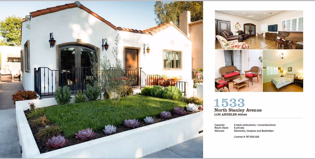 Exterior view of a single-story white building with a red tile roof, a small garden with green grass and plants in front, and a black metal railing along the entrance steps. On the right side, there are smaller images showing an interior living room with chairs and a piano, a sitting area with wicker furniture and red cushions, and a bedroom with a bed and nightstand. Text below the images provides the address 1533 North Stanley Avenue, Los Angeles, CA, and details about the facility's capacity, room style, waivers, and license number.