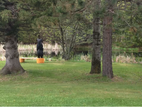 Person standing near orange stumps in a grassy outdoor park with trees.