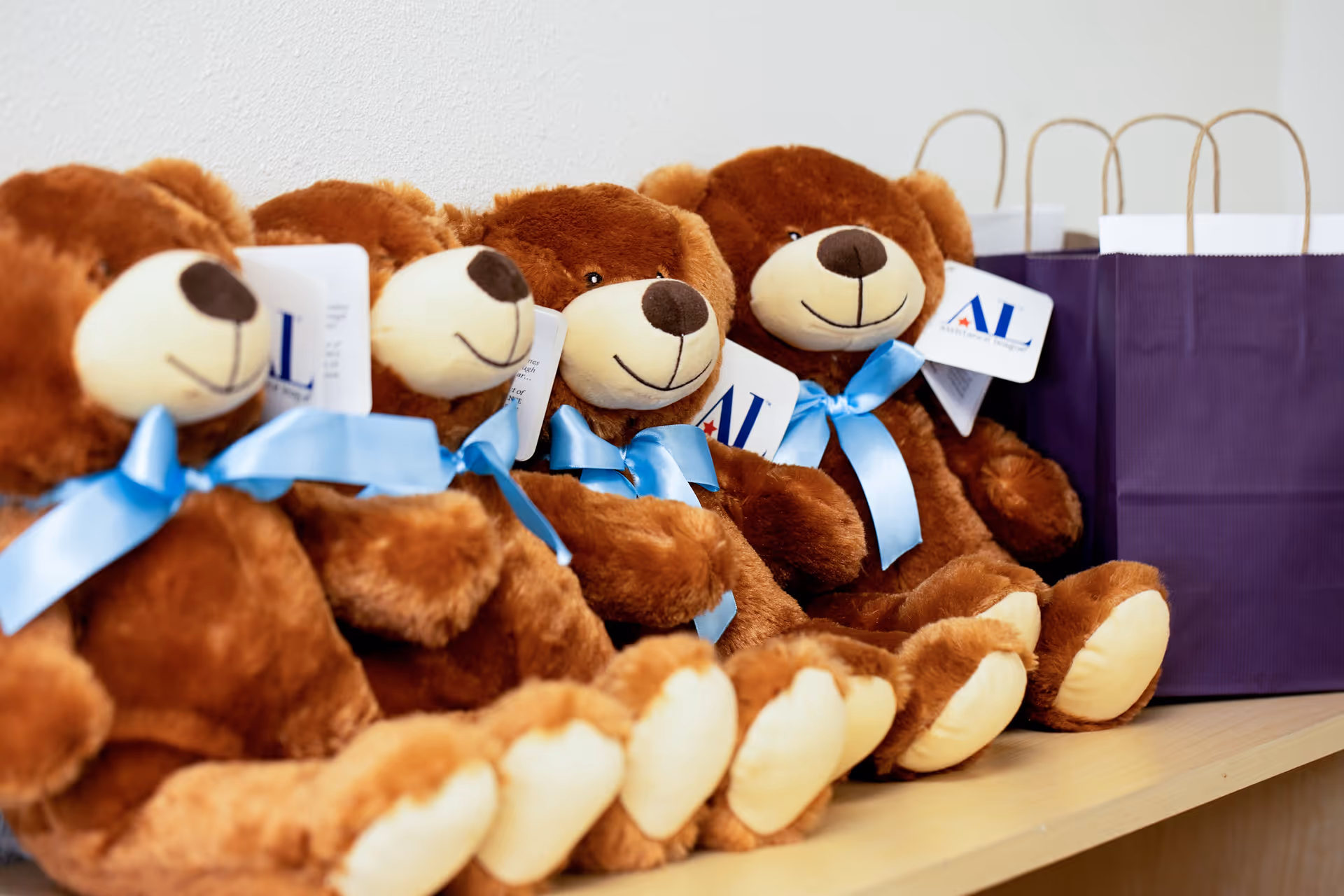Row of brown teddy bears with blue ribbons on a shelf beside purple gift bags