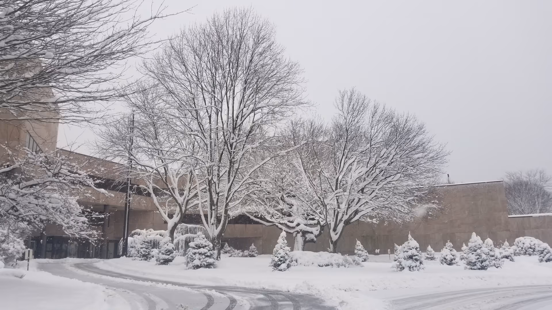 Snow covers the Connecticut Hospice building exterior with bare trees and shrubs.