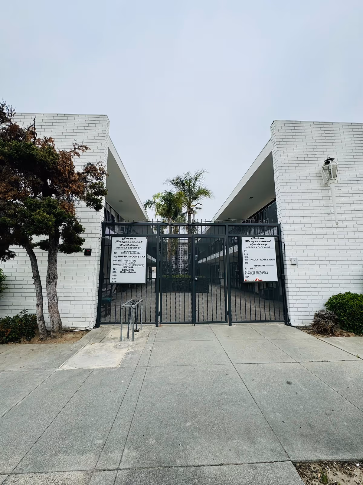 White brick building entrance with a black gate and palm trees.