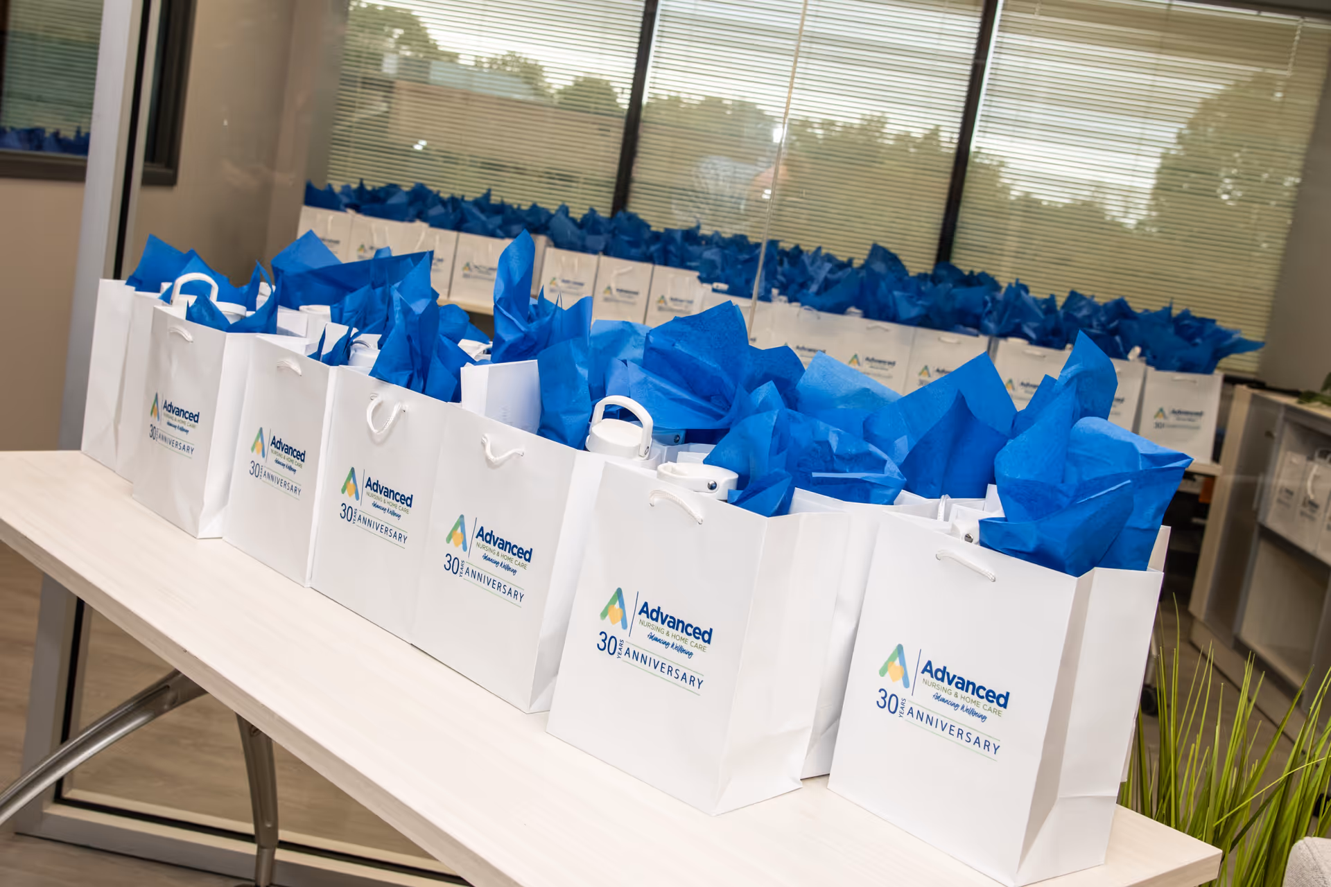 Row of white gift bags with blue tissue on a table inside a bright office.