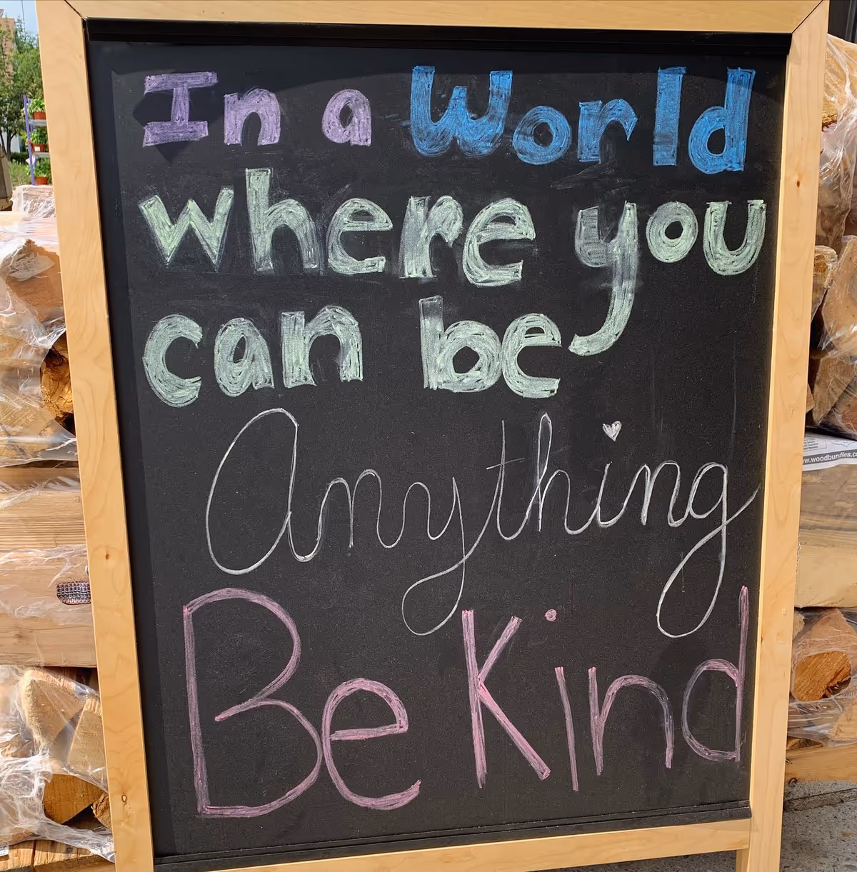 Wood-framed chalkboard with colorful lettering reads: In a World where you can be Anything Be Kind.